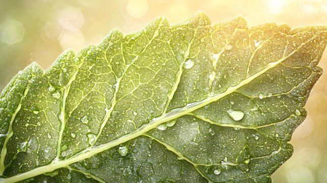 Fresh green leaf with water droplets nature close-up sunlit environment - Powered by Adobe