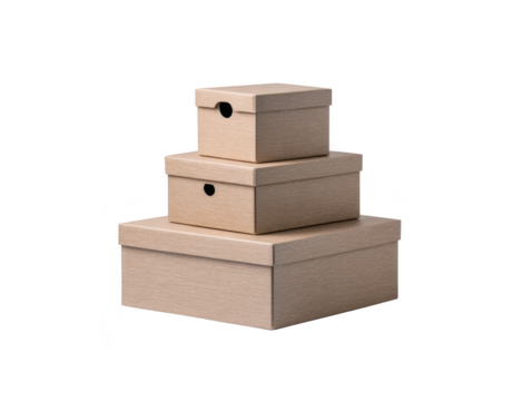 Stacked cardboard storage boxes three sizes neutral brown color simple design isolated on transparency background organization minimal style practical home or office use