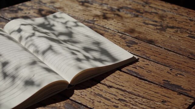 Open notebook rests on rustic wooden table bathed in sunlight with shadows of leaves dancing across the pages