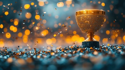 Golden trophy amidst confetti