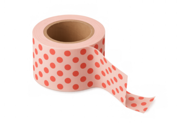 Roll of pink washi tape with red polka dot pattern, featuring a loose end, ready for decorative use in crafts and stationery