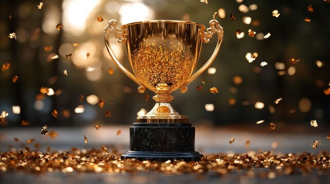 Golden trophy amidst falling confetti