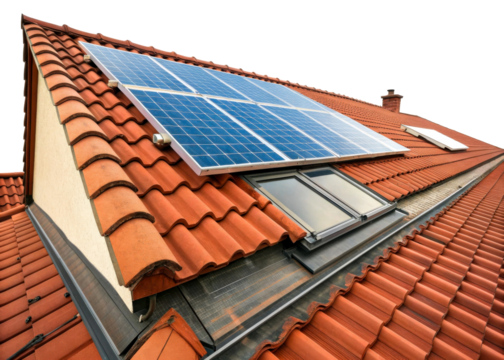 Solar panels red tile rooftop house skylight window, cut out transparent - Powered by Adobe