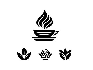 Coffee cup icon with steam, surrounded by three leaf and plant symbols, minimalist black line art, perfect for cafe, organic, or eco friendly branding, modern and calming design
