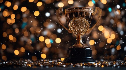 Golden trophy on dark background with bokeh