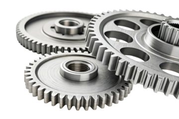 Three metal gear wheels interlocking mechanism machinery, cut out transparent