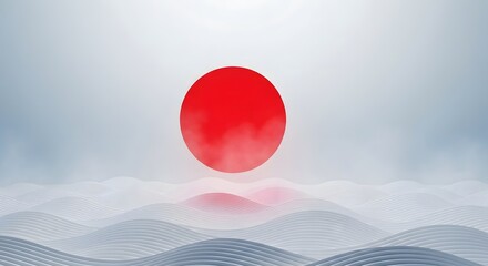 Abstract red sun over calm, wavy white landscape background.
