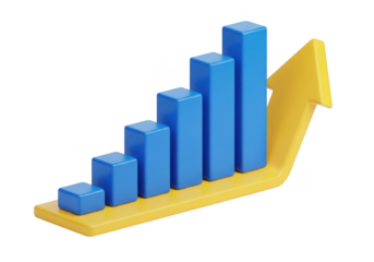 Bar chart with an upward yellow arrow symbolizing business growth and success isolated on transparent background