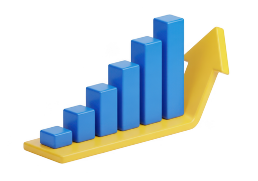 Bar chart with an upward yellow arrow symbolizing business growth and success isolated on transparent background - Powered by Adobe