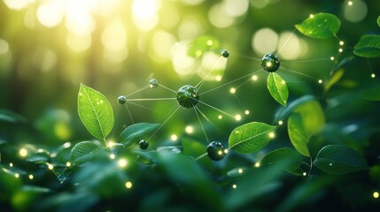 Green leaves, molecular structure, glowing connections