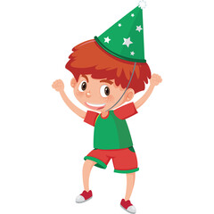 Joyful Young Boy Wearing A Green Party Hat And Festive Red And Green Outfit Celebrating With Arms Raised High In A Dynamic Pose Against A Clean White Background Ideal For Party And Celebration Themes