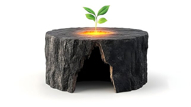 New life rising from the ashes sprout on burnt tree stump nature studio close-up renewal