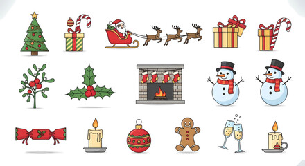 Naklejka premium Christmas Holiday Icons: Santas Sleigh Tree Snowmen Gifts Fireplace and Festive Decorations.