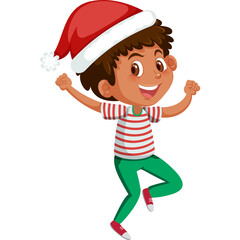 Joyful Young Boy Wearing Santa Hat and Striped Shirt Jumping with Excitement Festive Celebration and Holiday Spirit Isolated on Transparent Background