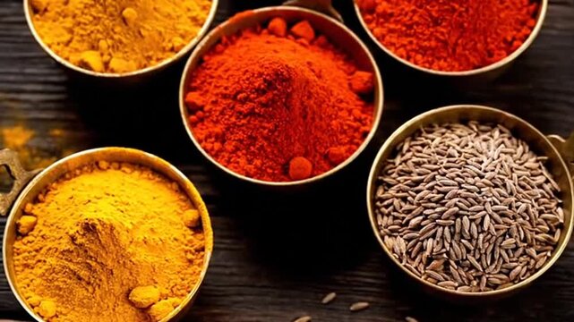 Vibrant Indian Spices and Herbs in Bowls on a Dark Wooden Table.