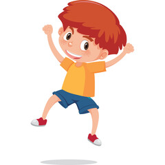 Joyful young boy with bright orange hair and freckles mid air with arms raised wearing a yellow t-shirt and blue shorts energetic and playful isolated on white background