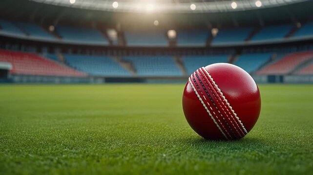 Cricket Ball on Pitch, Empty Stadium - A red cricket ball rests on the perfectly manicured pitch of an empty stadium.