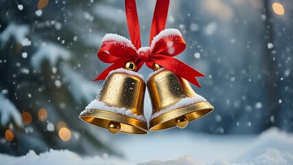 Festive Bells in Winter Snowfall: Golden bells adorned with red ribbon, delicately dusted with snow, evoke the festive cheer of the season. - Powered by Adobe