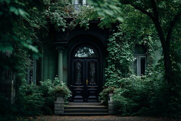 Green house entrance with black door surrounded by trees
