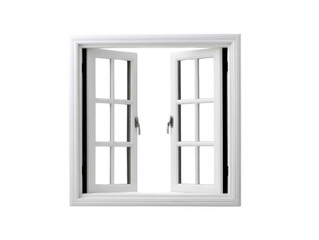 Obraz premium Open white window frame with clear glass panes, classic design, isolated on transparent background, inviting fresh air and natural light, suitable for home interior or architectural concepts