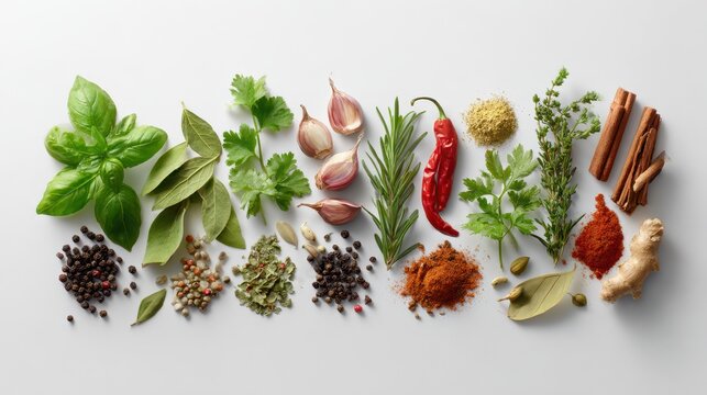 Studio shot of assorted green herbs with colorful spices for culinary photography