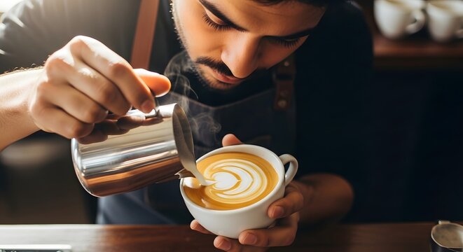 Barista carefully pouring steamed milk into a cup of coffee to create latte art with a heart design in a cozy café setting