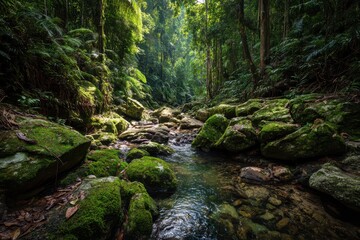 Obraz premium Sunlit canopy over a tranquil stream threading between stones and moss