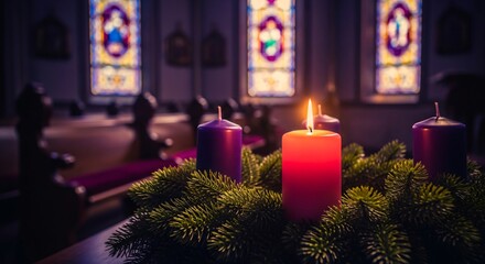 Gaudete Sunday Candles Lit in Church Advent Wreath Rejoicing Third Sunday of Advent Tradition