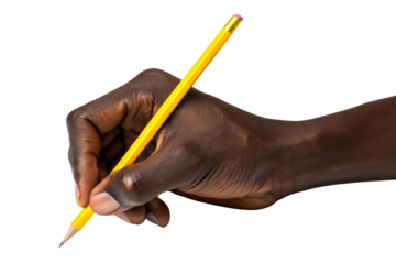 Black hand holding yellow pencil writing on white surface