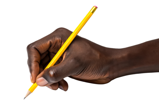 Black hand holding yellow pencil writing on white surface