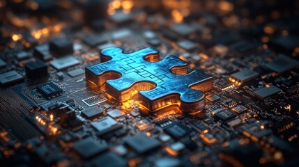 Illuminated puzzle piece on a circuit board