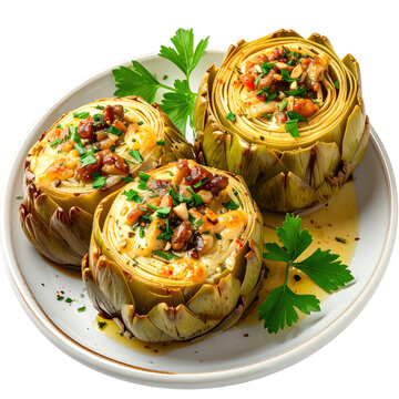 Delicious etli enginar, tender artichoke bottoms generously filled with a seasoned meat, rice, and dill mixture, isolated on a white background