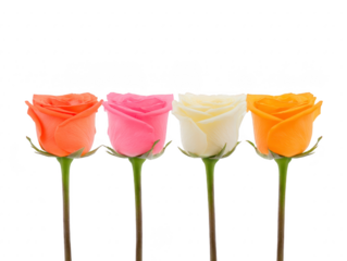 Four colorful roses including orange pink white and yellow stand in row with long green stems on transparency background symbolizing love friendship and celebration
