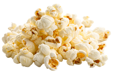 Large heap fluffy white popped popcorn kernels movie snack, cut out transparent