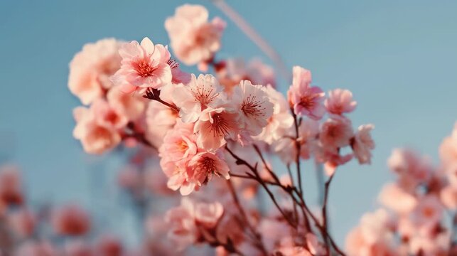 Soft-focus cherry blossom flowers blooming on a clear spring day