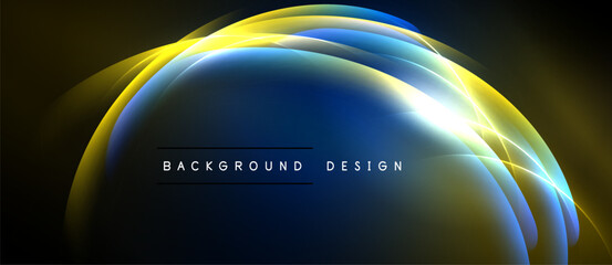 Abstract design features flowing curves, vibrant colors. Yellow, blue hues create dynamic visual effect. Dark background emphasizes luminosity.