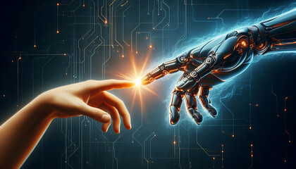 Human hand and robotic hand with their index finger reaching together, creating a glowing golden light for energy against digital circuit lines on dark light background