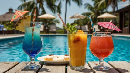 Tropical cocktails poolside drinks summer vacation refreshing beverages exotic getaway relaxation paradise
