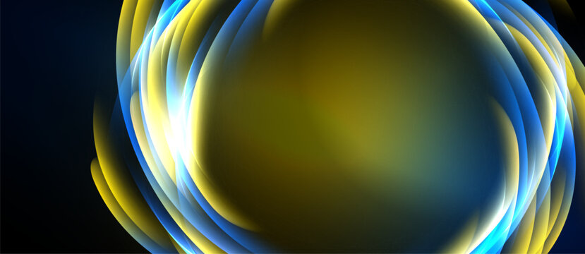 Abstract swirls, vibrant blues, yellows create luminous effect. Dark background emphasizes bright central glow. Smooth gradients define shapes.