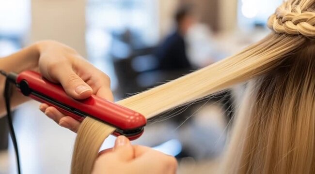 Stylist creating hair waves with flat iron
