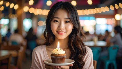 Joyful Asian woman celebrating birthday with cupcake and candle.