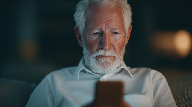 A senior man focuses intently on his smartphone, illuminated by its screen in a dimly lit environment, reflecting contemplation and engagement. - Powered by Adobe