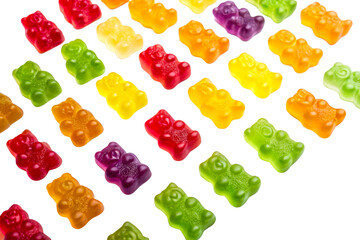 Arrangement colorful gummy bear candy rows diagonal sweet, cut out transparent