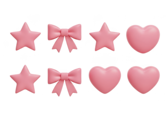 Pink 3d stars, hearts, and bows collection for charming design projects isolated on transparent background