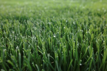 Lush green grass with morning dew drops glistening in sunlight fresh lawn nature close up macro detail