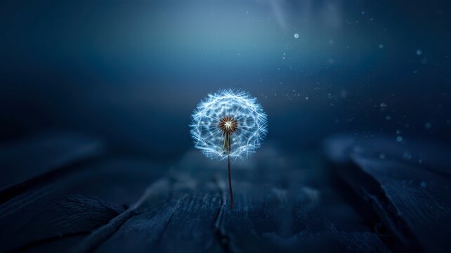 Blue dandelion flower seed head close up dark background nature plant flora beauty dream ethereal