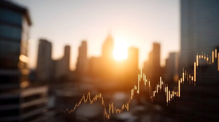 A financial market graph overlays a blurred cityscape during a golden hour sunset symbolizing growth and opport