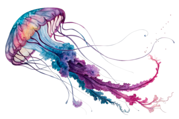 Watercolor Painting of a Flowing Jellyfish with Tentacles