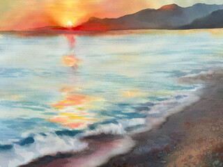Autumn sunset by the sea watercolor background