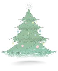 Minimalistic outline drawing of a Christmas tree with soft pastel green tones and a warm, modern style. for decorating Christmas and New Year greeting cards.